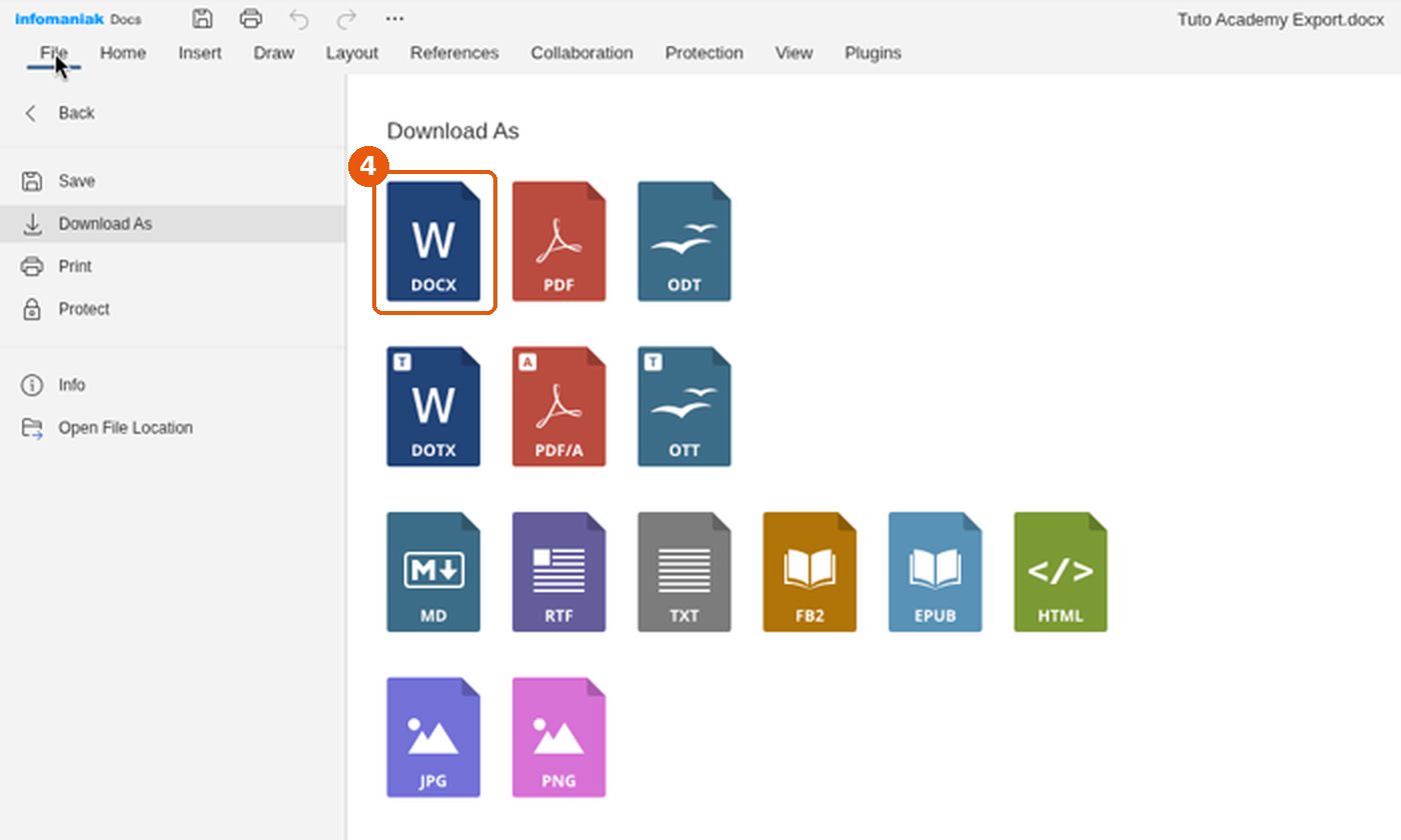 Panneau Download As avec la vignette DOCX encadrée