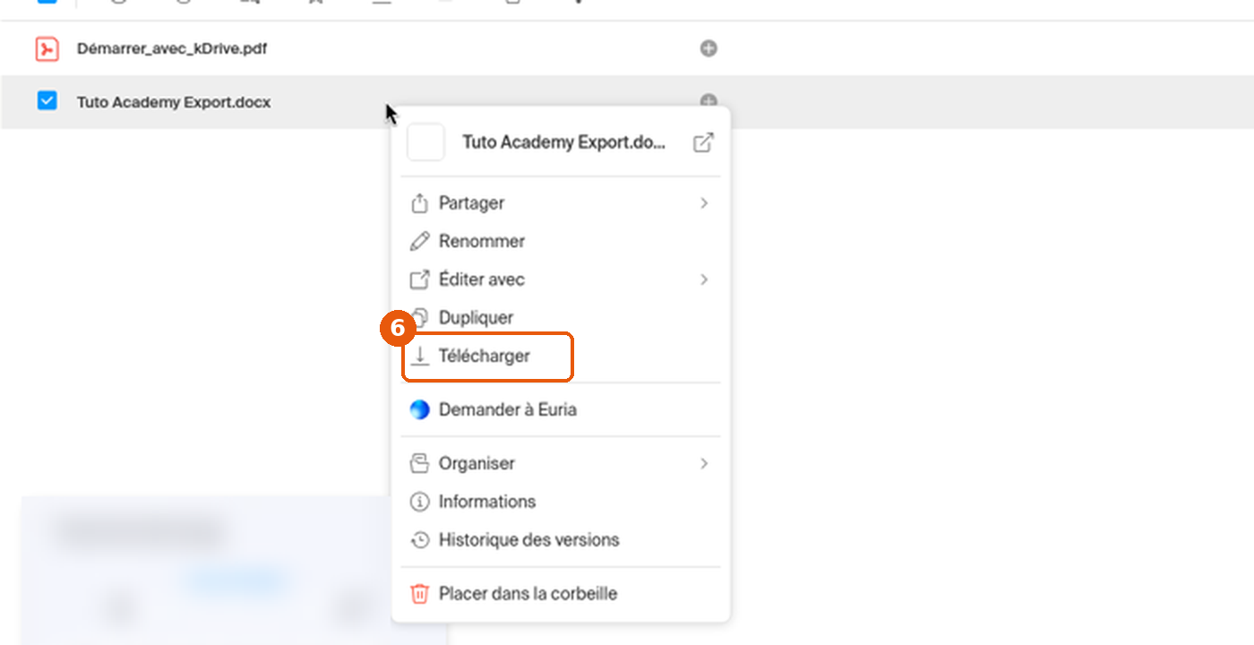 Menu contextuel d'un fichier kDrive avec l'option Télécharger encadrée