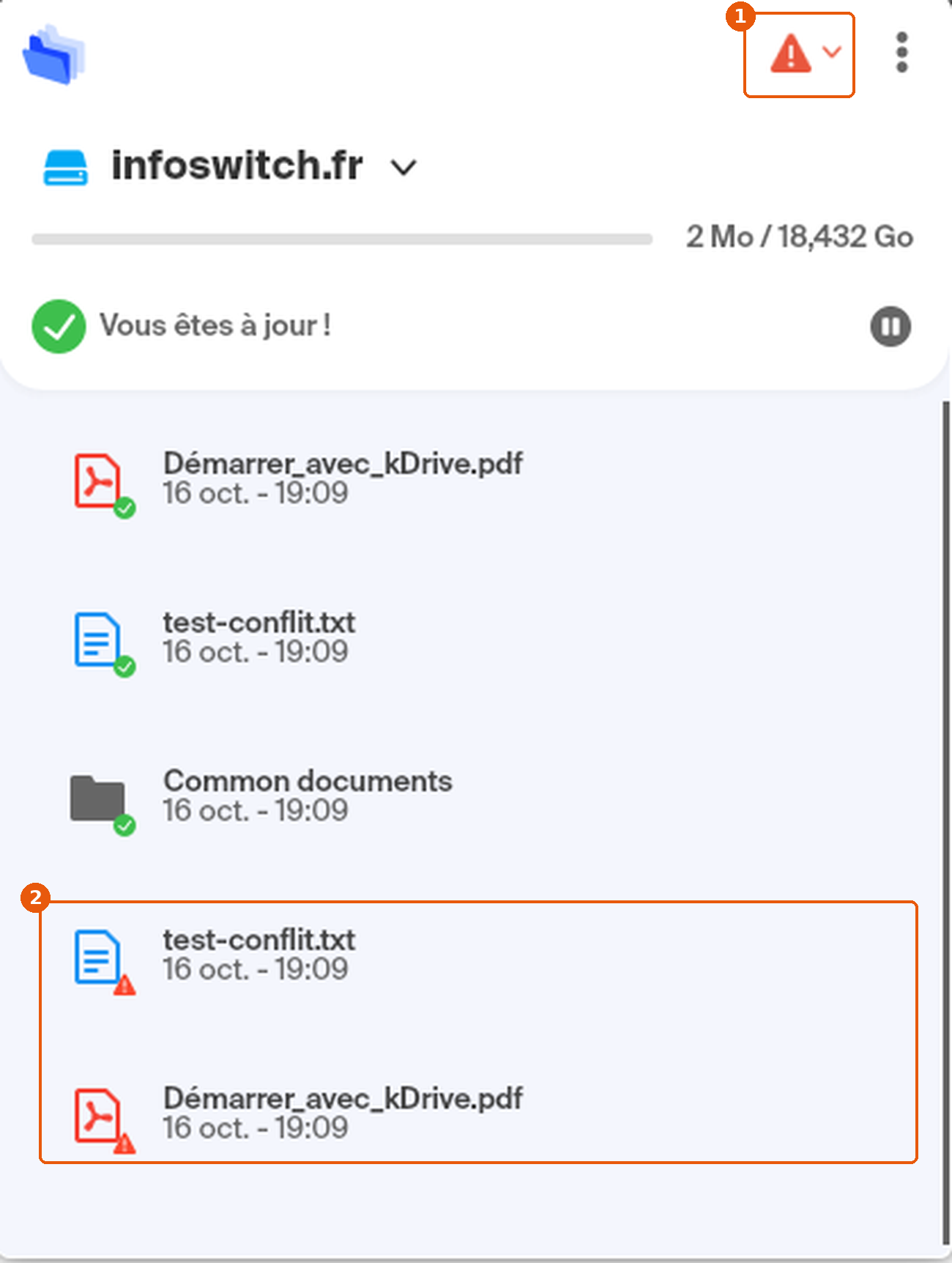 Fenêtre principale kDrive : triangle rouge d'erreur et fichiers test-conflit.txt et Démarrer_avec_kDrive.pdf avec pastille d'alerte encadrés