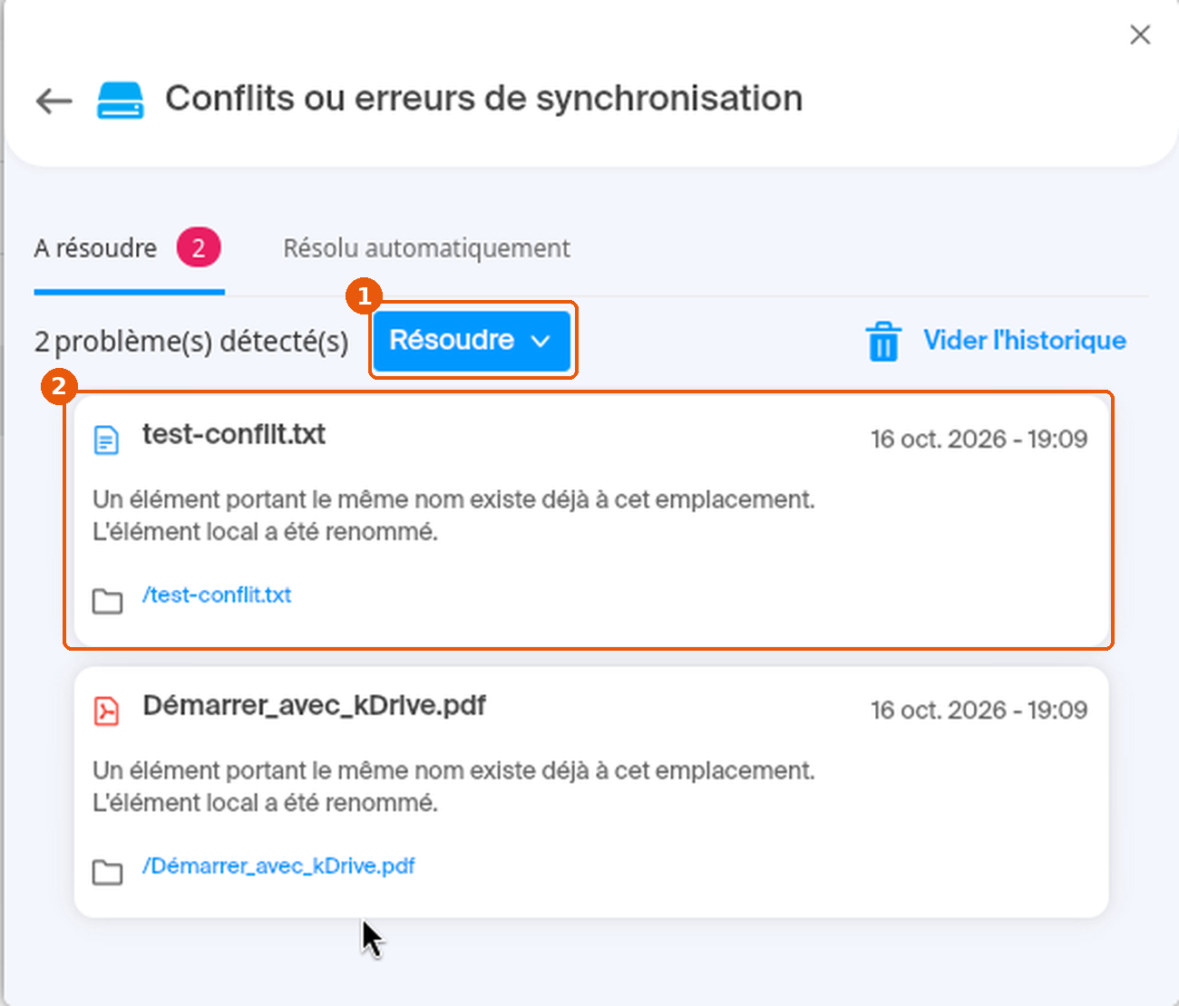 Fenêtre Conflits ou erreurs de synchronisation, onglet A résoudre : bouton Résoudre et carte test-conflit.txt encadrés