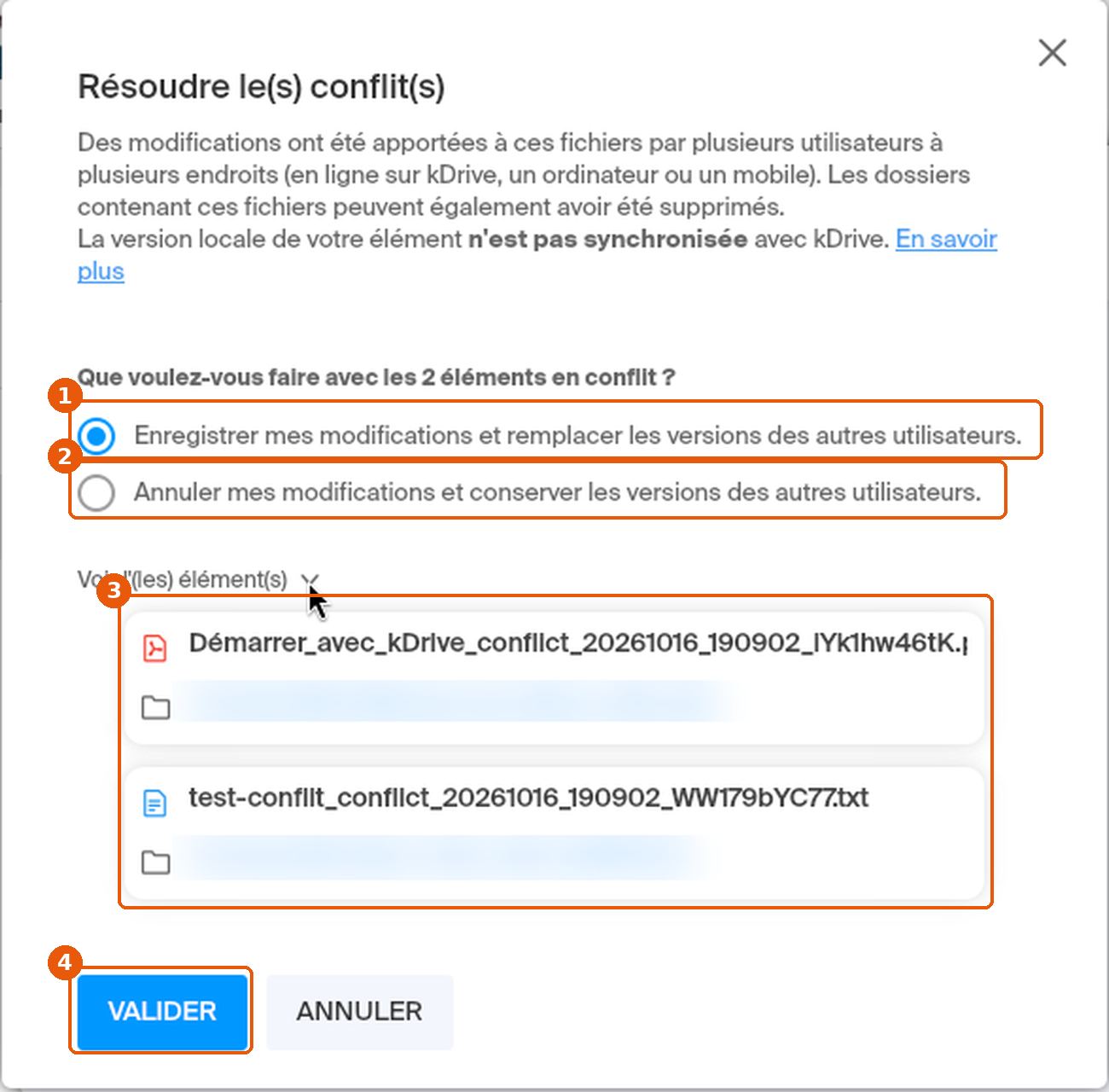 Fenêtre Résoudre le(s) conflit(s) : deux options, liste des copies _conflict et bouton VALIDER encadrés