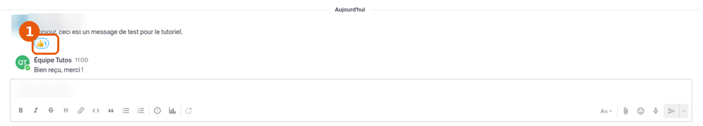 Réaction 👍 avec le compteur 1 sous un message kChat, auteur flouté