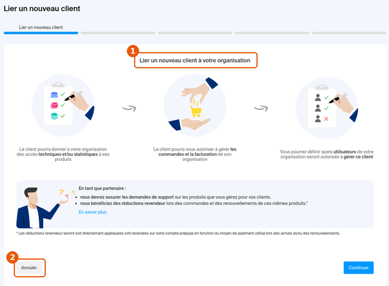 Assistant Lier un nouveau client, étape 1 sur 5