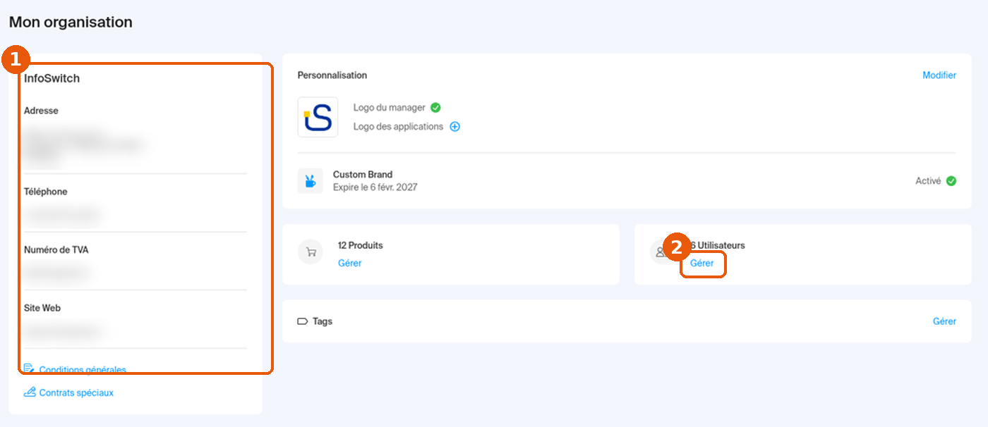 Page Mon organisation avec les informations de l'organisation et la carte Utilisateurs