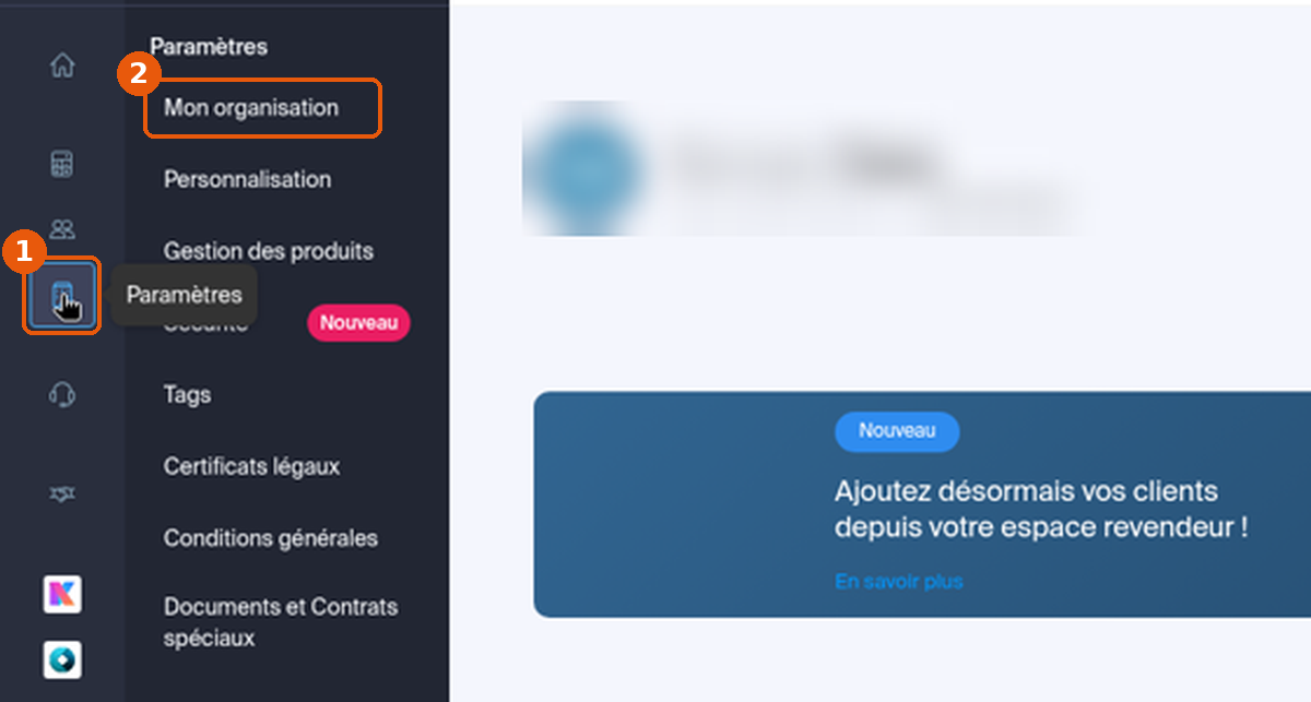 Menu Paramètres du Manager avec l'entrée Mon organisation