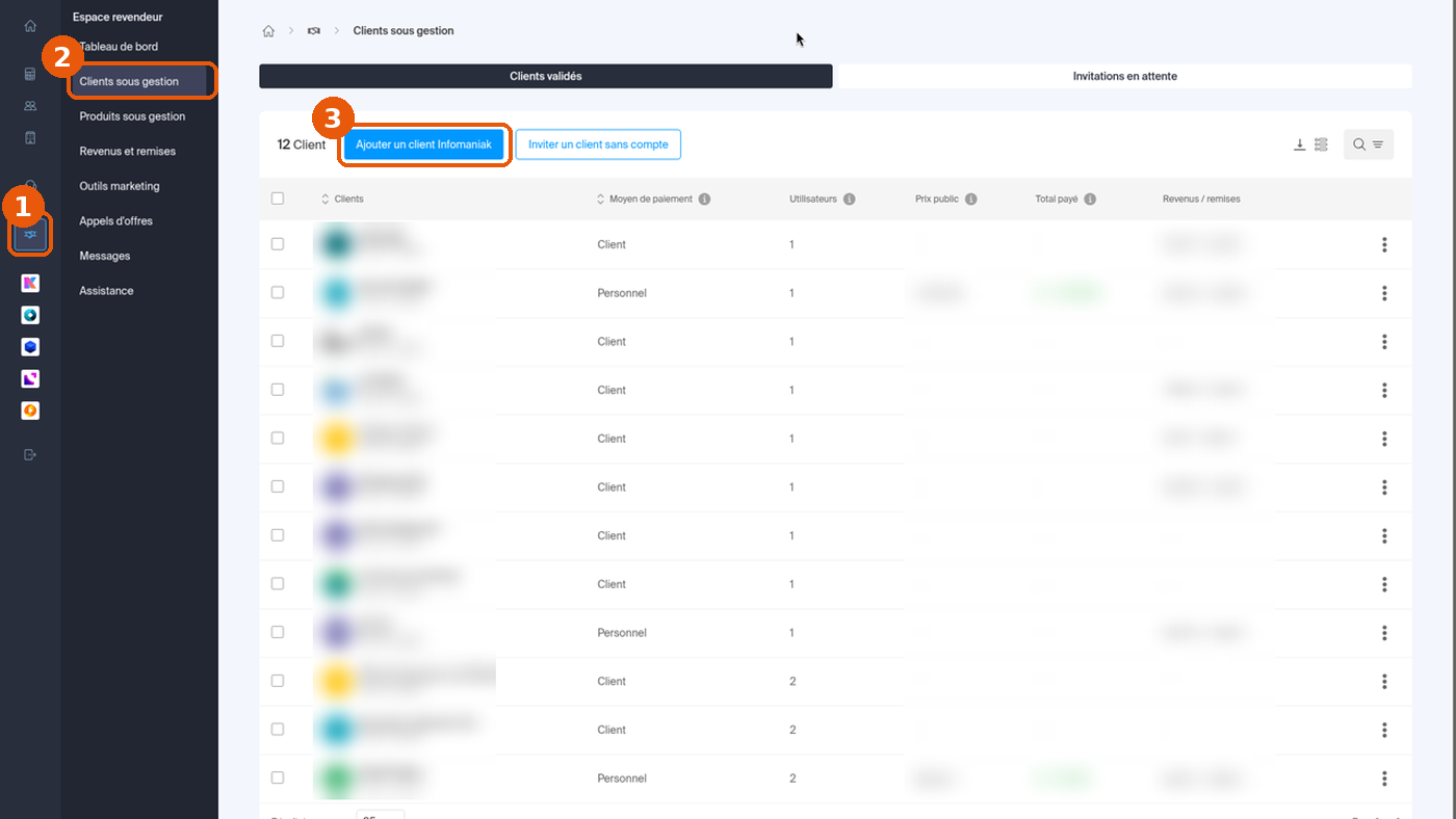 Espace revendeur, liste des clients sous gestion