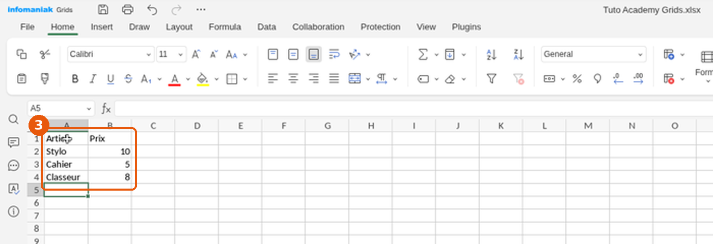 Feuille Grids avec un petit tableau Article / Prix saisi en A1:B4 encadré