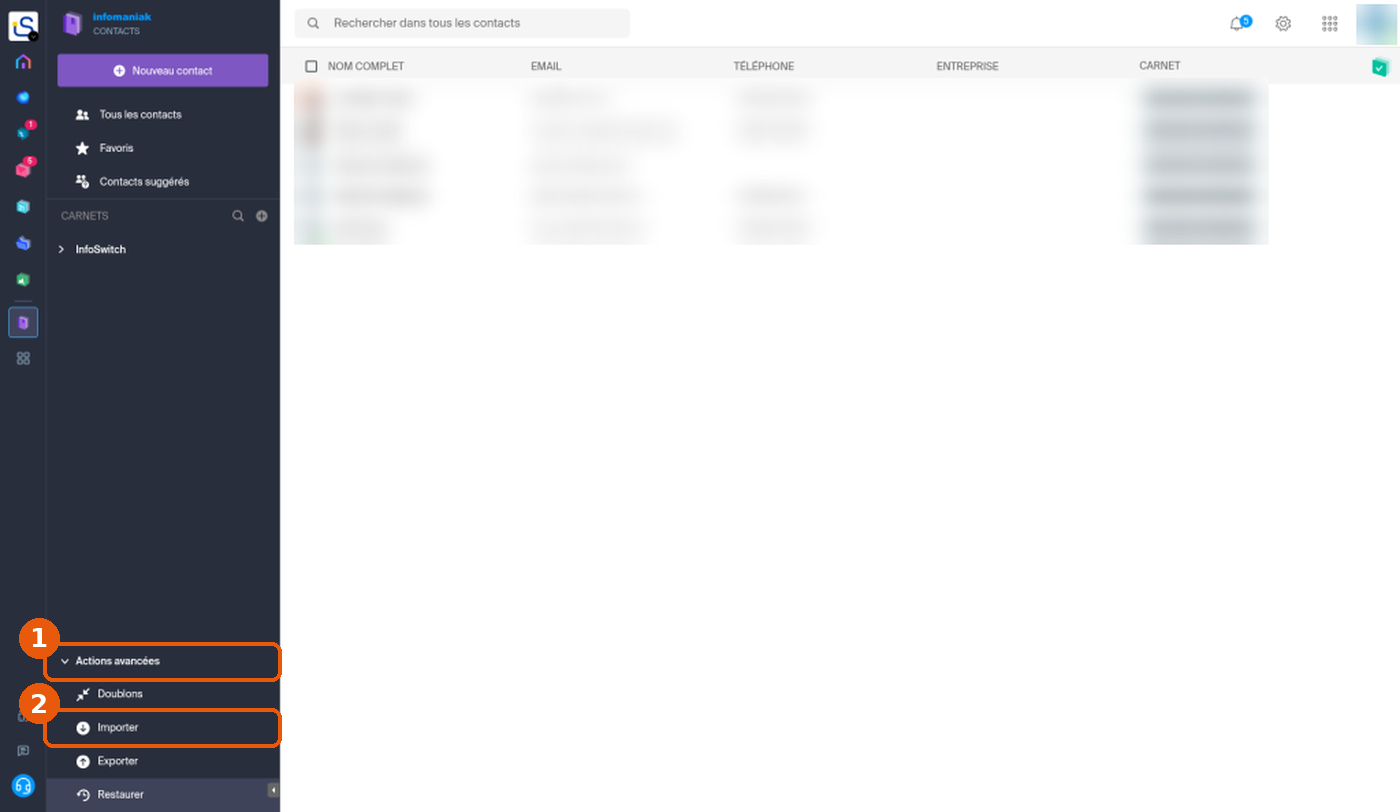 Barre latérale de Contacts avec Actions avancées et Importer encadrés