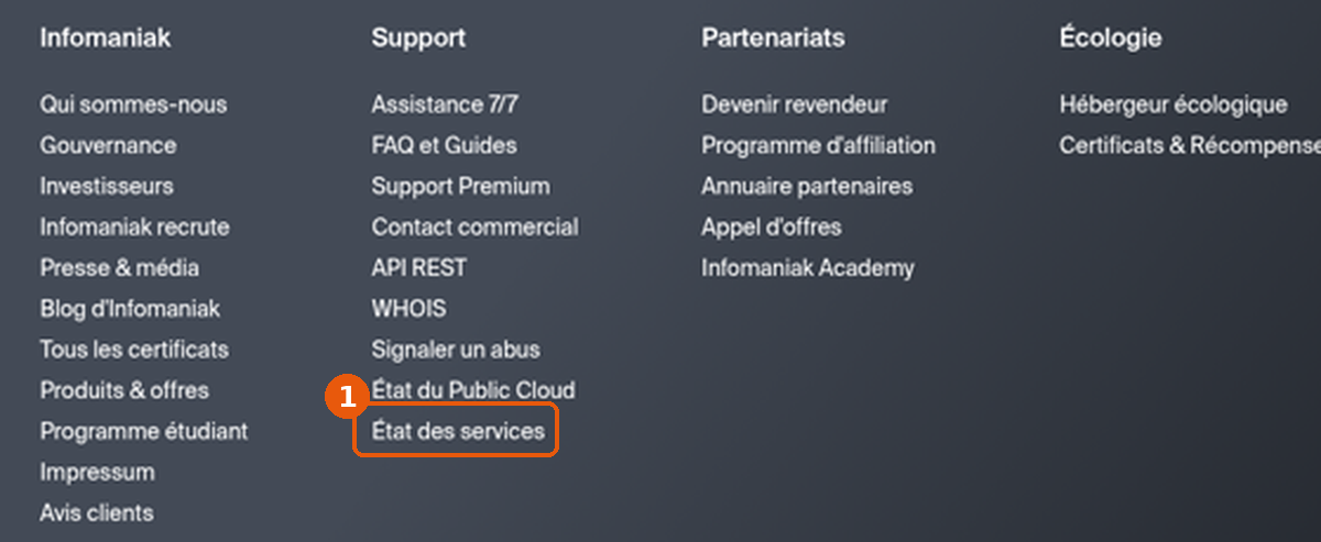 Pied de page d'infomaniak.com, colonne Support, lien État des services encadré
