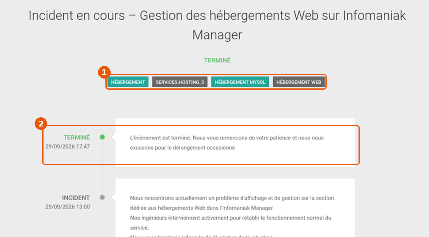 Détail d'un incident avec les étiquettes de services (1) et la mise à jour Terminé (2) encadrées