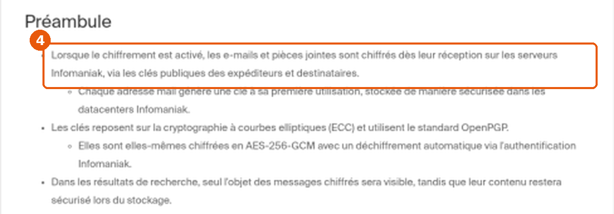 Extrait de la FAQ 1582 décrivant le chiffrement des e-mails et pièces jointes sur les serveurs Infomaniak