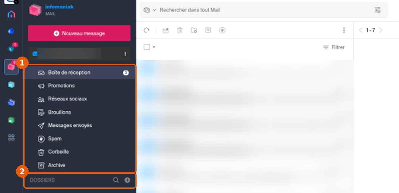 Panneau gauche de Mail Infomaniak : dossiers système (1) et section DOSSIERS avec les icônes recherche et + (2) encadrés