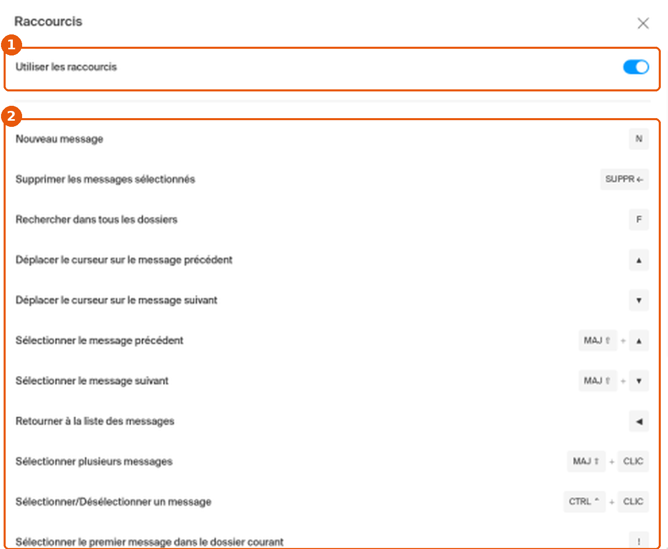 Paramètres › Raccourcis clavier : interrupteur d'activation (1) et liste des raccourcis (2) encadrés