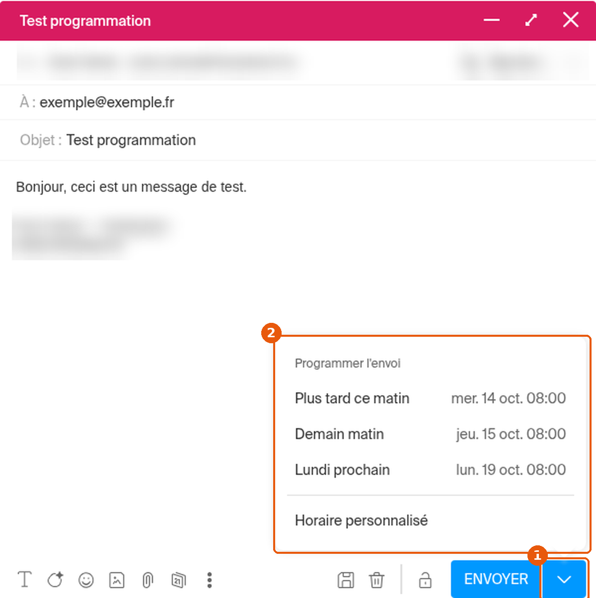 Fenêtre de rédaction de Mail Infomaniak : flèche à droite du bouton Envoyer (1) et menu Programmer l'envoi (2) encadrés