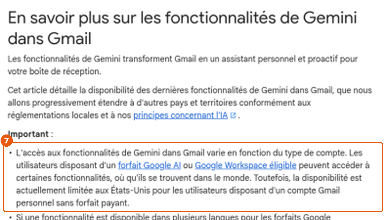 Aide Gmail sur Gemini : paragraphe sur l'accès selon le type de compte encadré (7)