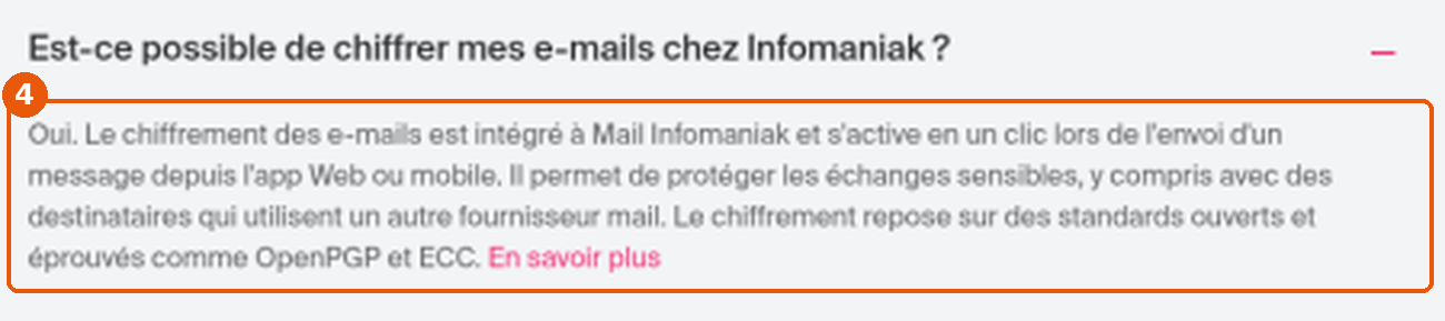 FAQ de la page Service Mail : réponse « Est-ce possible de chiffrer mes e-mails chez Infomaniak ? » encadrée (4)