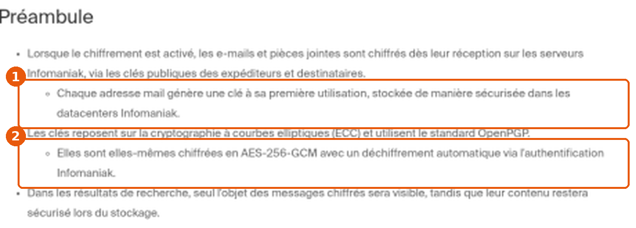 FAQ 1582 Infomaniak, Préambule : stockage des clés dans les datacenters (1) et déchiffrement via l'authentification Infomaniak (2) encadrés