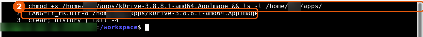 Terminal Linux : commandes chmod +x sur l'AppImage kDrive puis lancement encadrées, nom d'utilisateur et nom de machine floutés