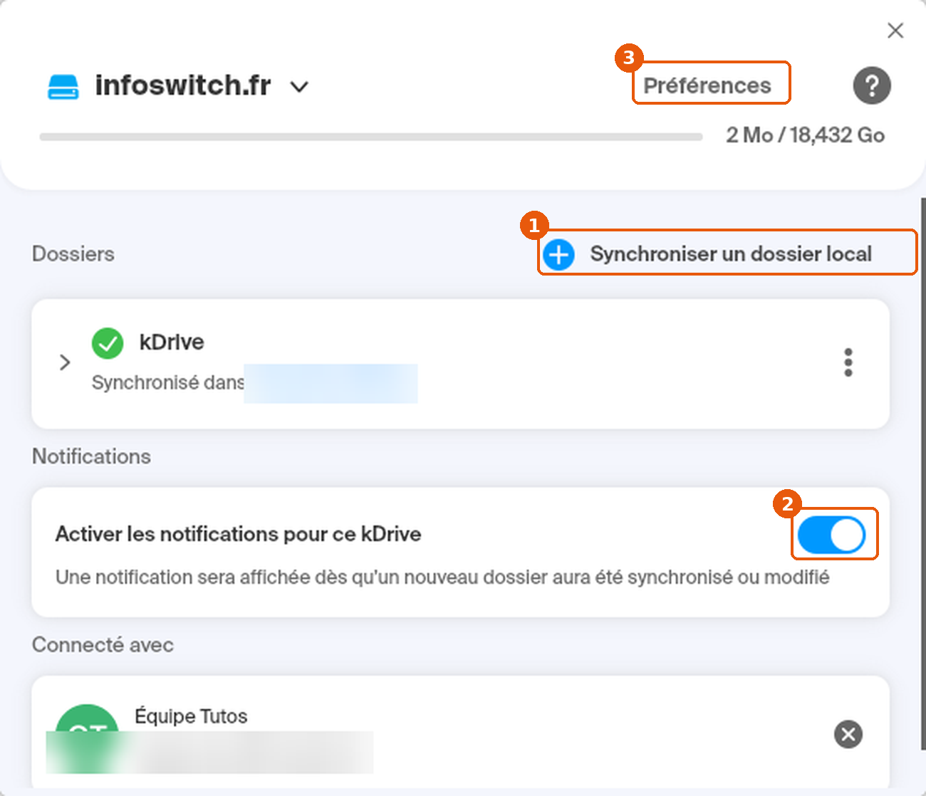 Paramètres du kDrive : Synchroniser un dossier local, interrupteur Activer les notifications pour ce kDrive et Préférences encadrés, chemin et adresse floutés