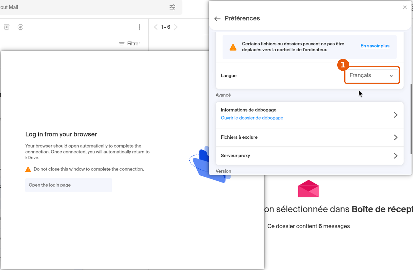 Fenêtre Préférences de kDrive : liste Langue réglée sur Français encadrée, fenêtre de connexion encore en anglais à côté