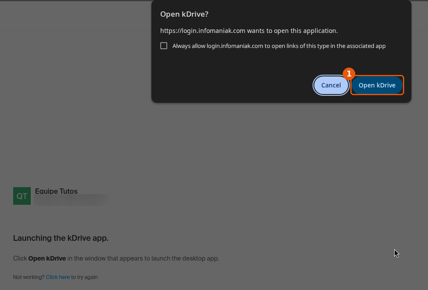 Fenêtre du navigateur Open kDrive? au-dessus de la page Infomaniak de lancement de l'application, bouton Open kDrive encadré, adresse e-mail floutée