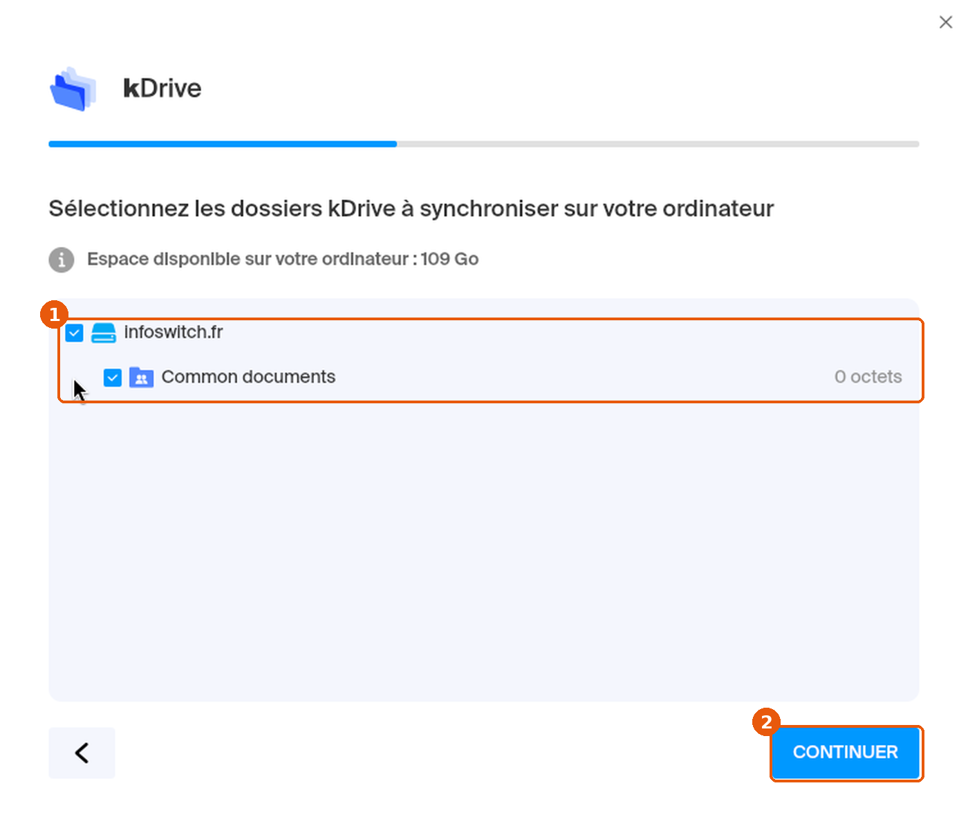 Écran Sélectionnez les dossiers kDrive à synchroniser : cases infoswitch.fr et Common documents cochées et bouton CONTINUER encadrés