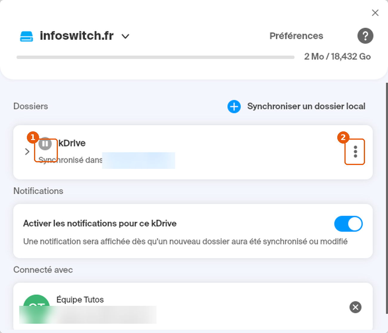 Paramètres du kDrive : dossier kDrive avec l'icône de pause et menu ⋮ encadrés, chemin local et adresse e-mail floutés