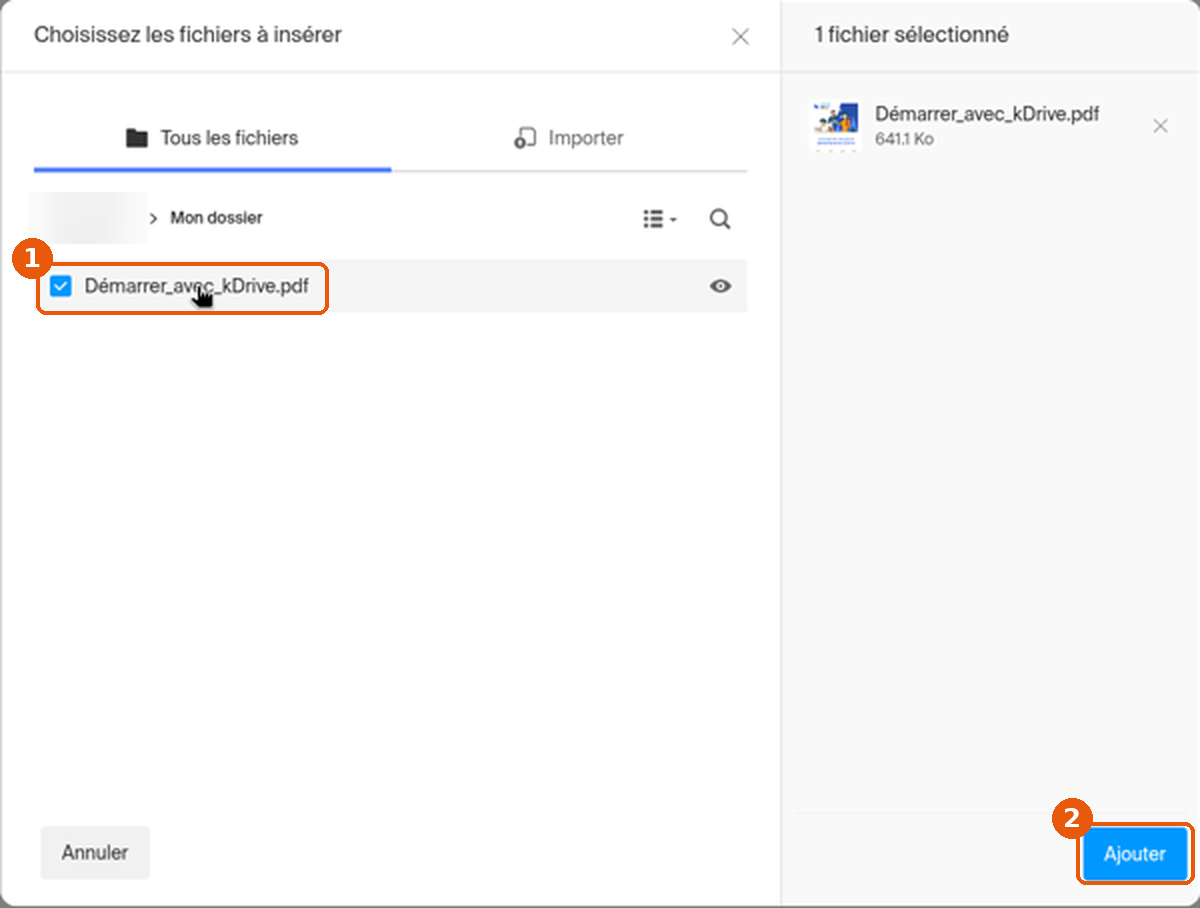 Sélecteur de fichiers kDrive avec le PDF coché (1) et le bouton Ajouter (2) encadrés
