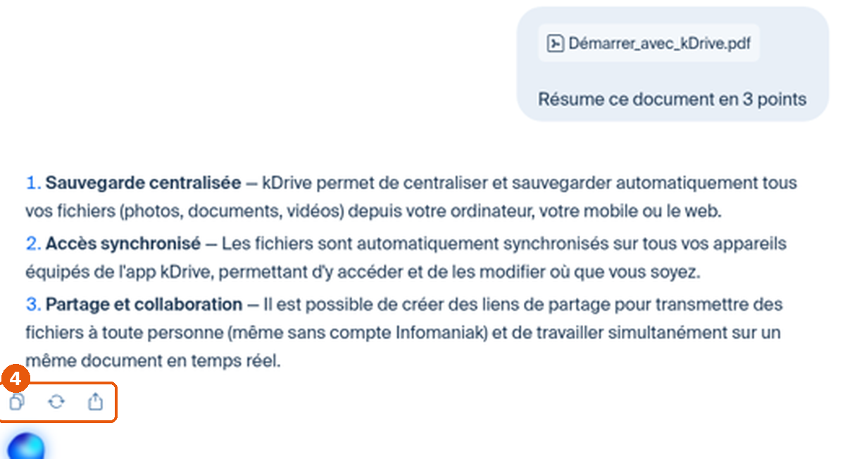Réponse d'Euria en 3 points avec les icônes copier, régénérer et partager encadrées (4)