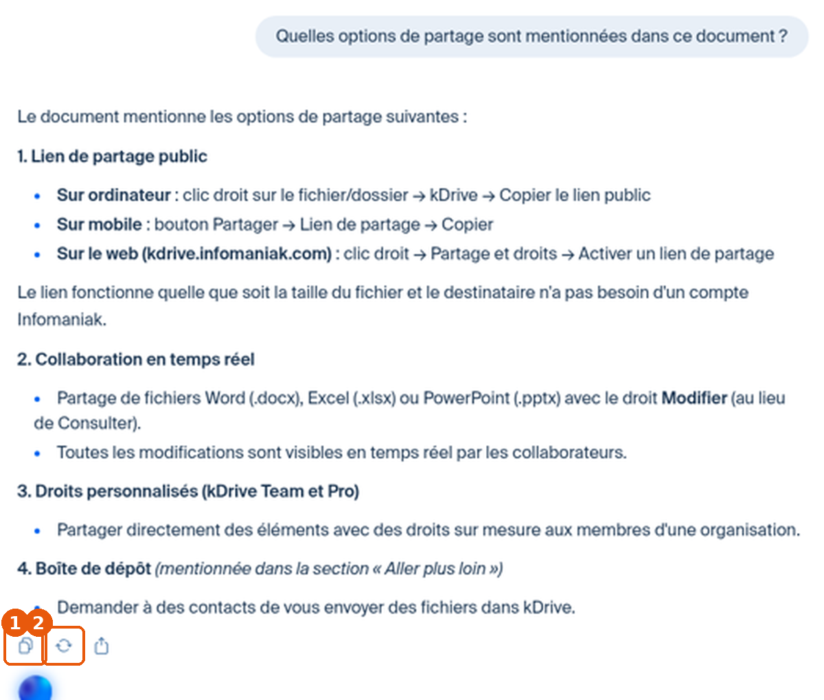Réponse détaillée d'Euria avec les icônes copier (1) et régénérer (2) encadrées