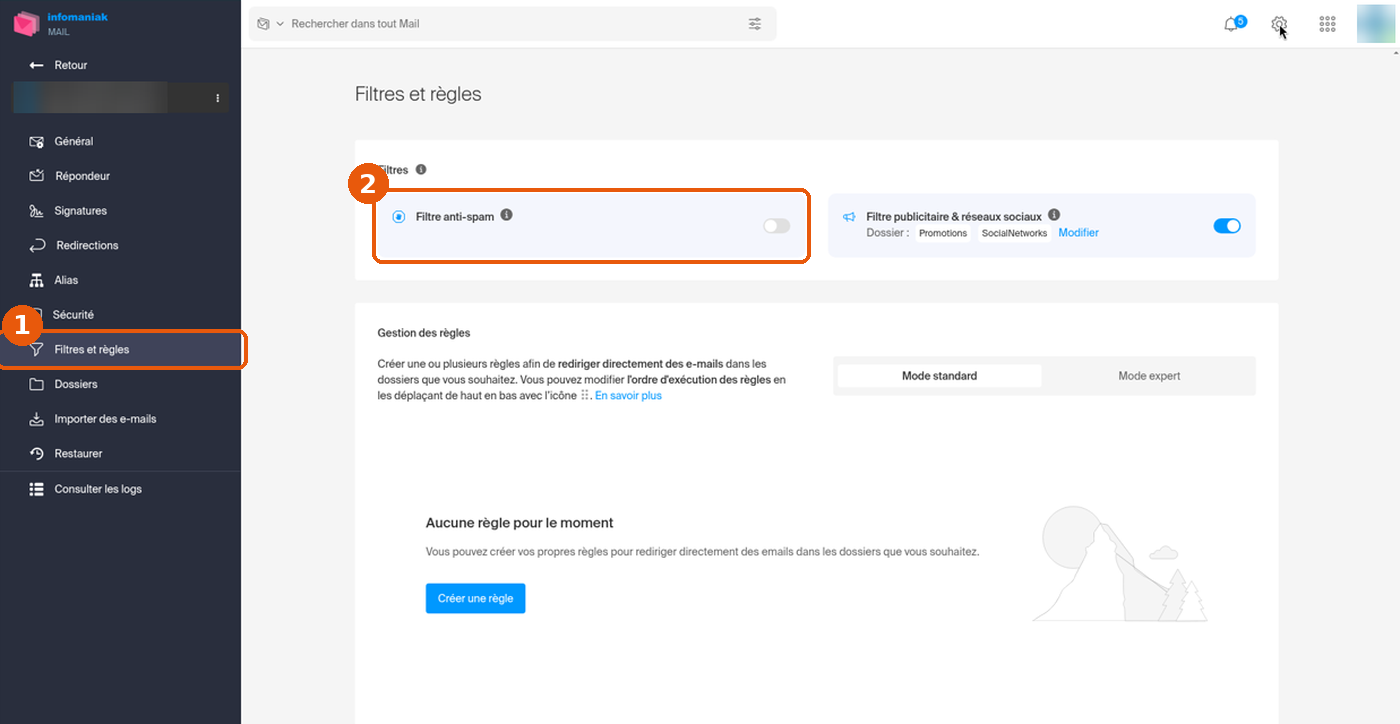 Page Filtres et règles de Mail avec le Filtre anti-spam et la section Gestion des règles