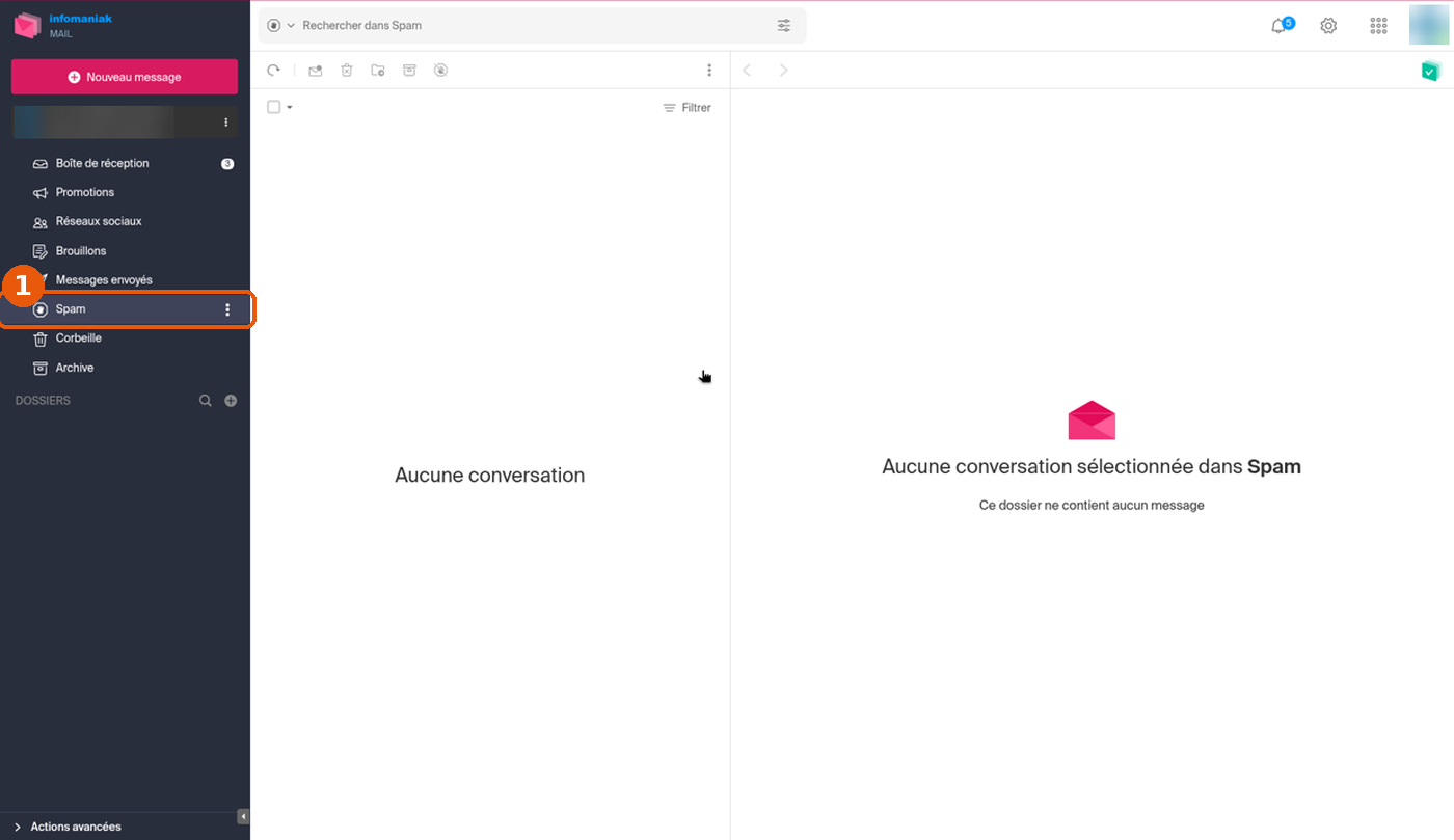 Dossier Spam de Mail ouvert, avec le message « Ce dossier ne contient aucun message »
