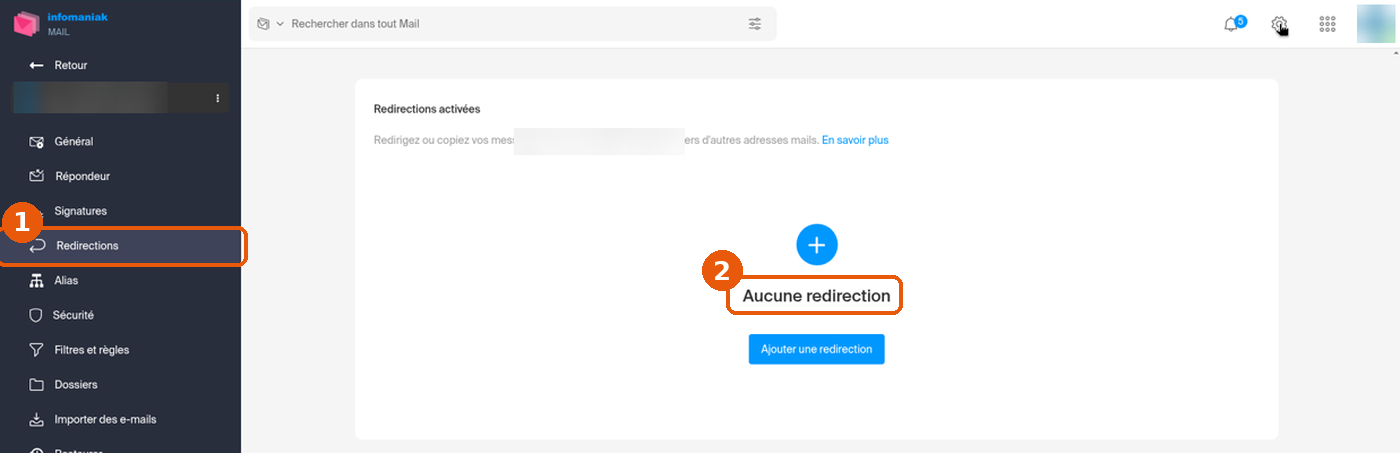 Page Redirections de Mail affichant « Aucune redirection »