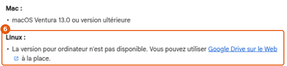 Aide Google Drive : section Linux, version pour ordinateur non disponible, encadrée (6)