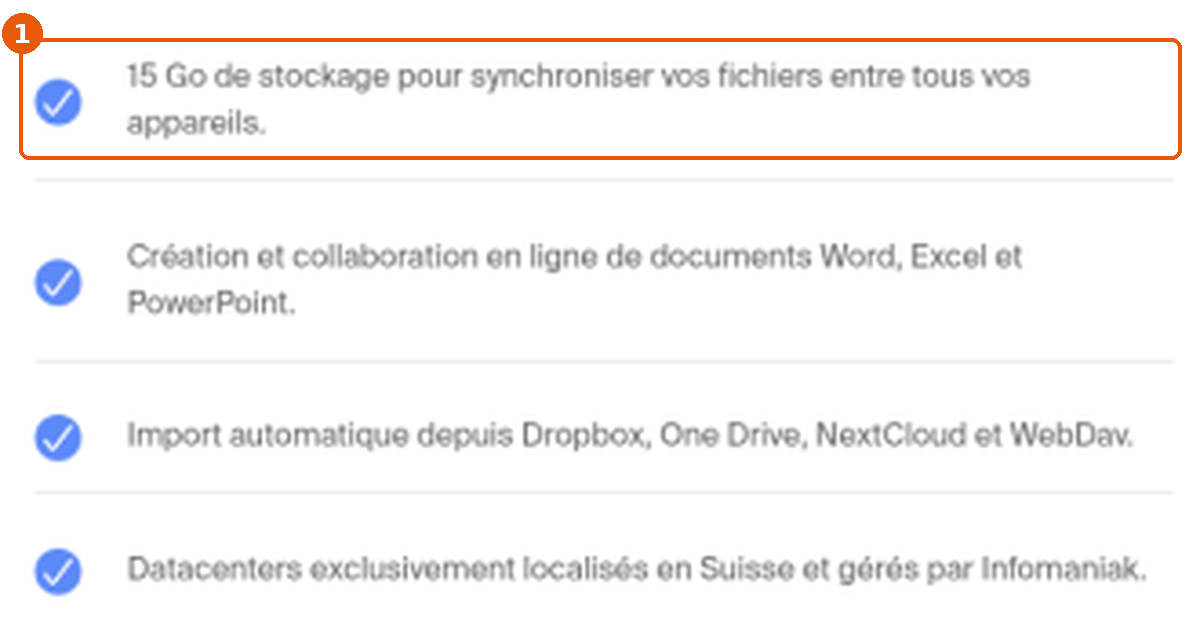 Offre gratuite kDrive : ligne « 15 Go de stockage » encadrée (1)