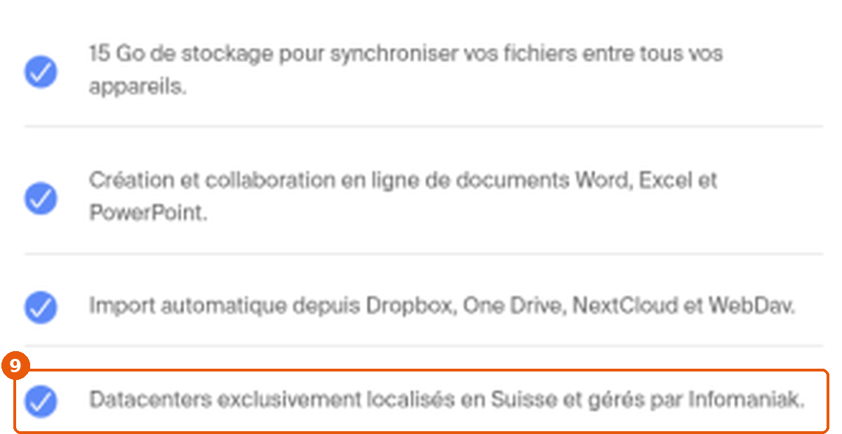 Offre gratuite kDrive : ligne « Datacenters exclusivement localisés en Suisse » encadrée (9)