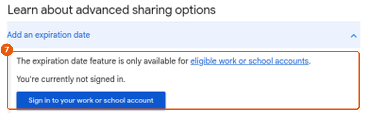 Aide Google Drive : option « Add an expiration date » réservée aux comptes professionnels ou scolaires encadrée (7)