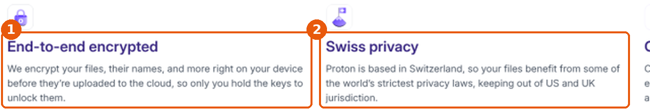Page Proton Drive : blocs « End-to-end encrypted » (1) et « Swiss privacy » (2) encadrés