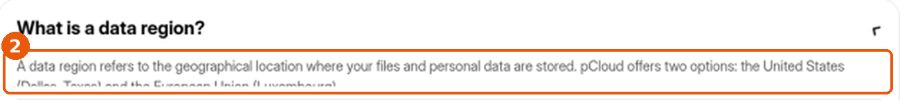 FAQ pCloud « What is a data region? » : réponse sur les régions États-Unis et Union européenne encadrée (2)