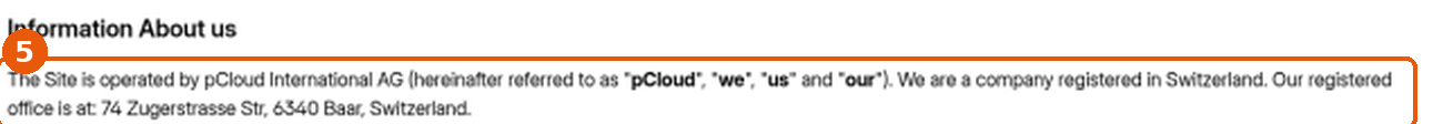 Conditions pCloud, section « Information About us » : société et siège à Baar encadrés (5)