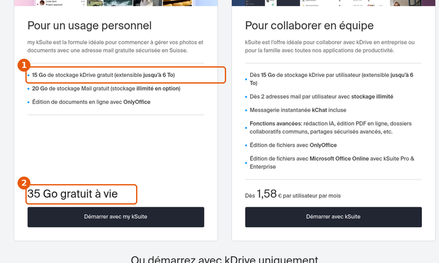 Carte my kSuite : 15 Go de stockage kDrive gratuit et 35 Go gratuit à vie encadrés