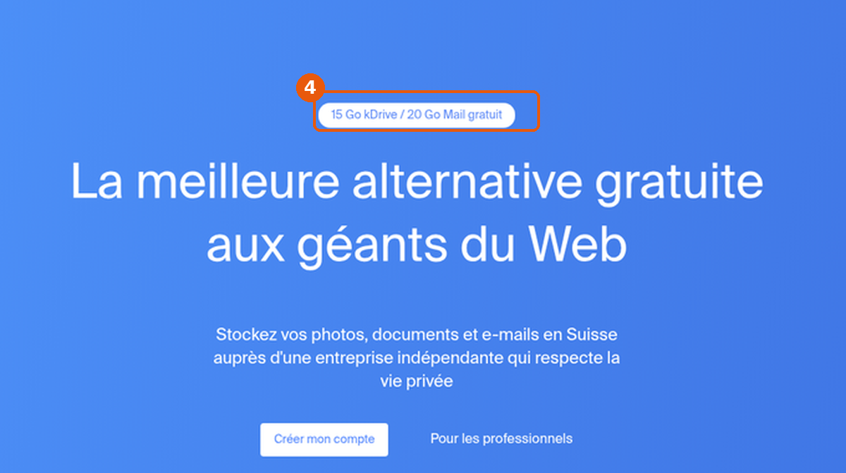 Page cloud gratuit d'Infomaniak avec la pastille 15 Go kDrive / 20 Go Mail gratuit encadrée