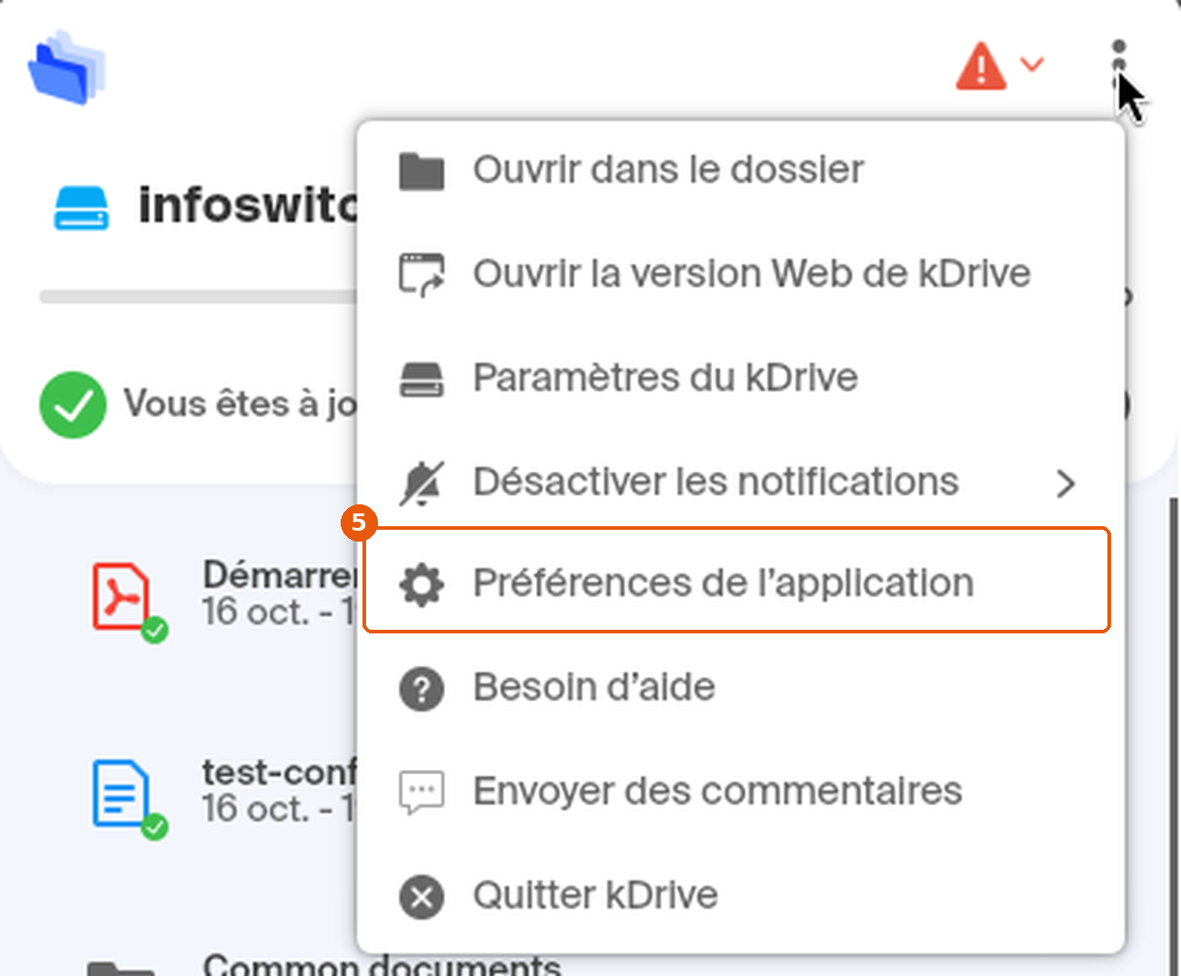 Menu ⋮ de la fenêtre principale kDrive, entrée Préférences de l'application encadrée