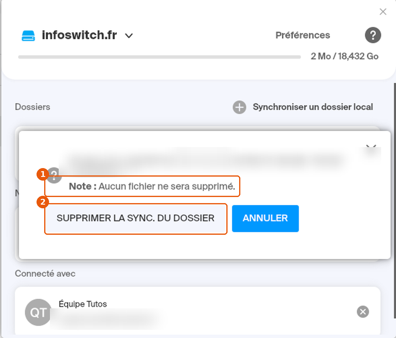 Dialogue d'arrêt de la synchronisation : Note Aucun fichier ne sera supprimé et bouton SUPPRIMER LA SYNC. DU DOSSIER encadrés, chemin flouté