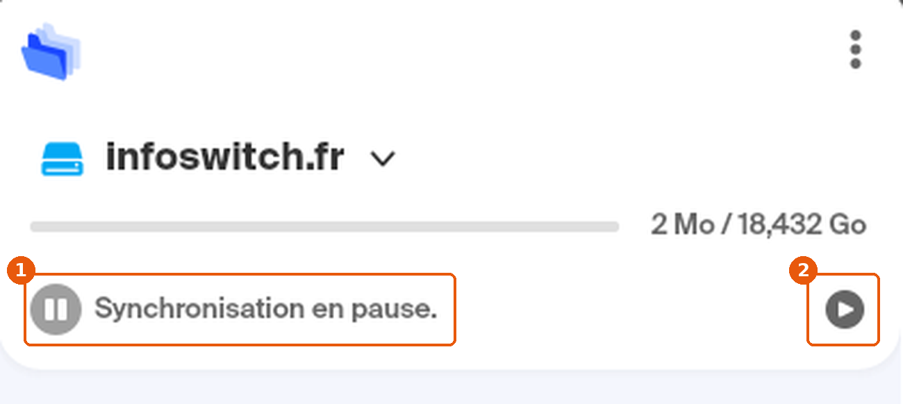 Fenêtre principale kDrive : état Synchronisation en pause. et bouton lecture encadrés