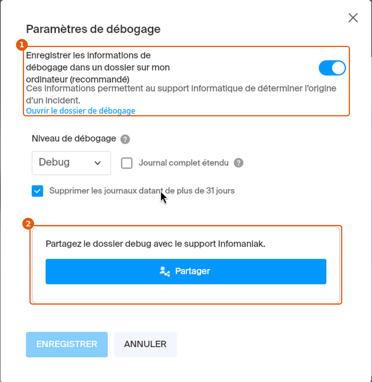 Paramètres de débogage : option Enregistrer les informations de débogage et bloc Partager encadrés