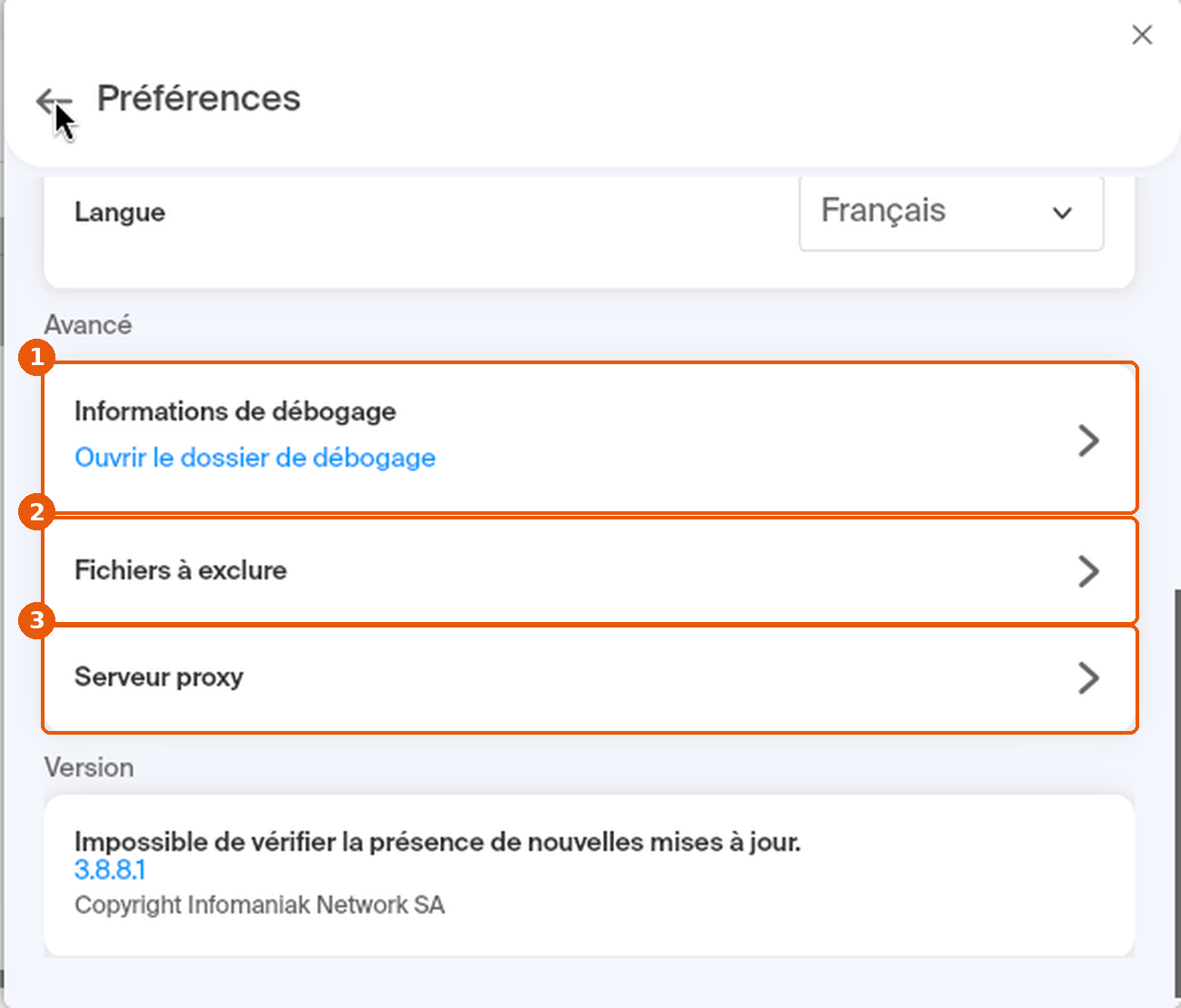 Préférences de kDrive, section Avancé : Informations de débogage, Fichiers à exclure et Serveur proxy encadrés
