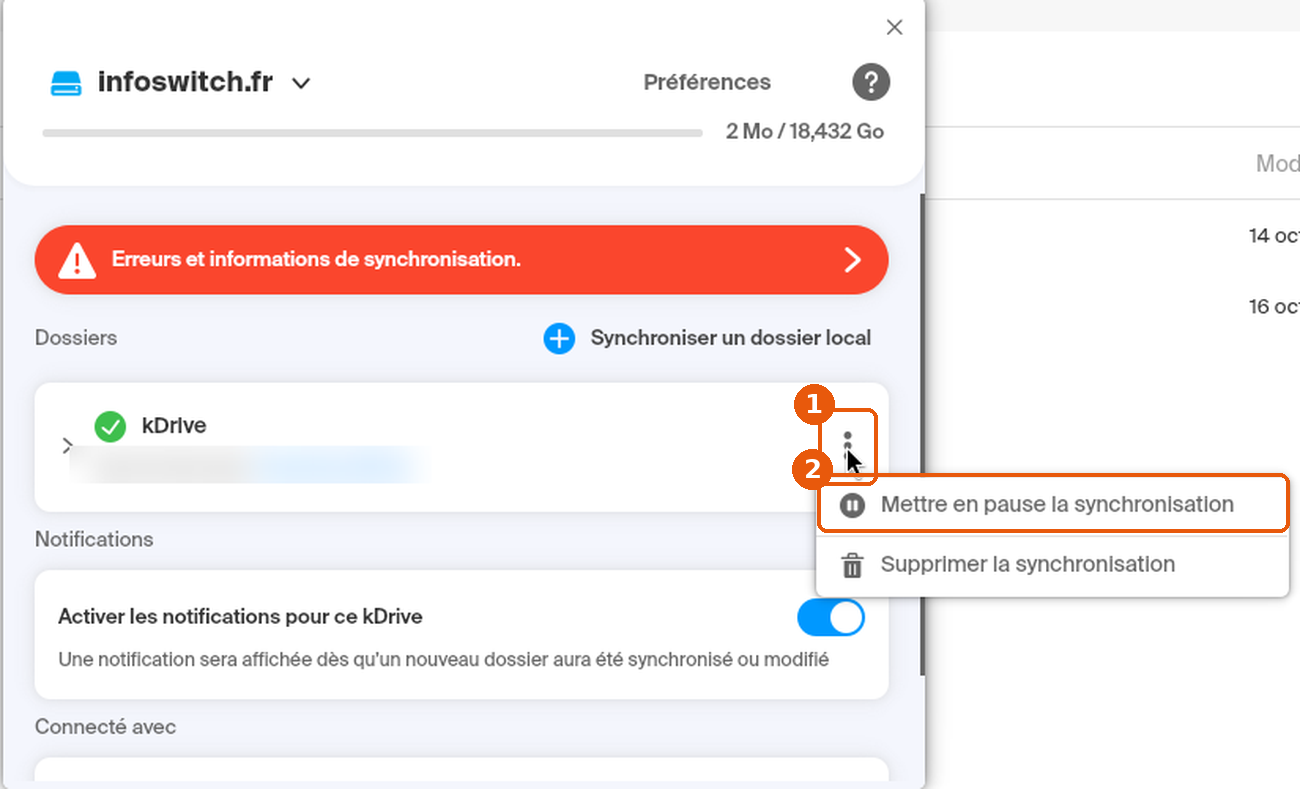 Paramètres du kDrive : menu ⋮ de la carte kDrive ouvert, Mettre en pause la synchronisation encadré