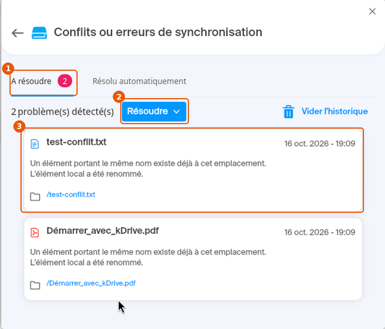 Fenêtre Conflits ou erreurs de synchronisation : onglet A résoudre, bouton Résoudre et carte test-conflit.txt encadrés