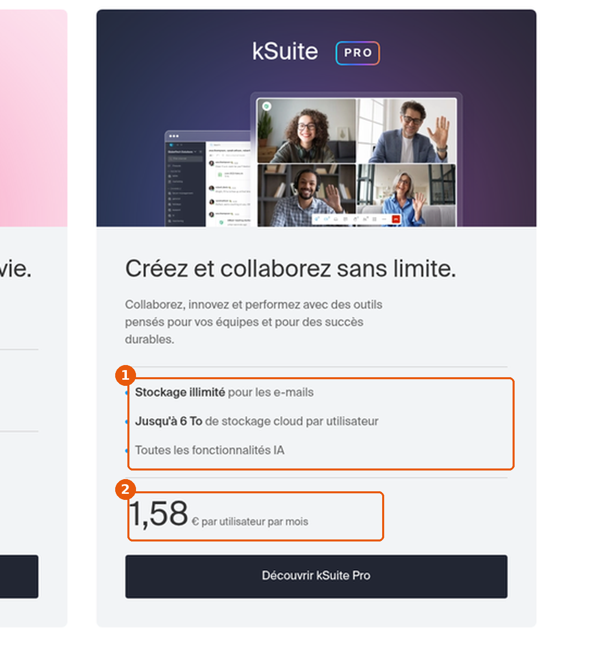 Carte kSuite PRO : stockage illimité pour les e-mails, jusqu'à 6 To de stockage cloud par utilisateur, toutes les fonctionnalités IA et prix encadrés